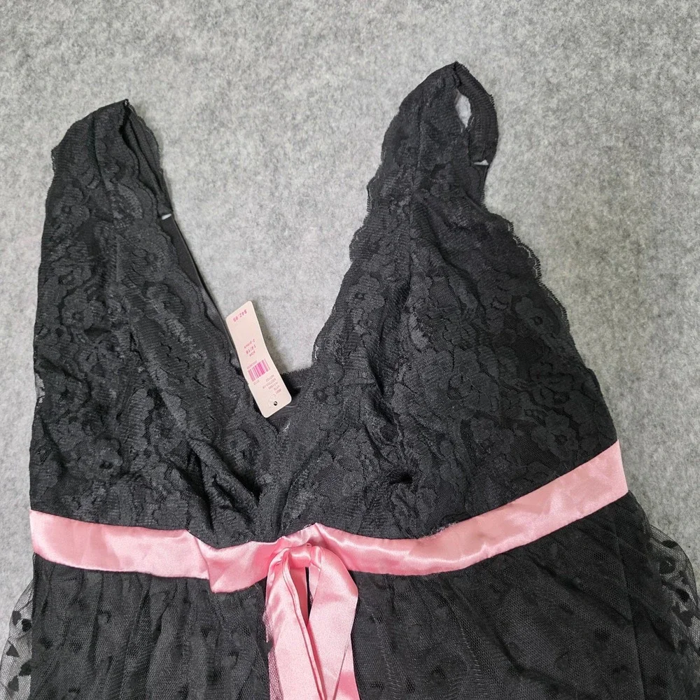 Cacique Babydoll Lingerie Black Pink Heart Ruffle Tiered Lace 2 PC Set 14/16 NEW - Picture 4 of 8